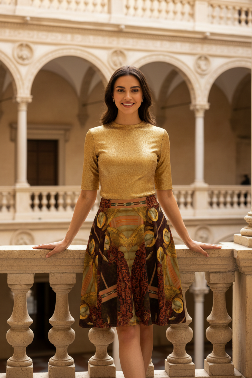 Model in gold top with Archangel Gabriel skirt touching balustrade