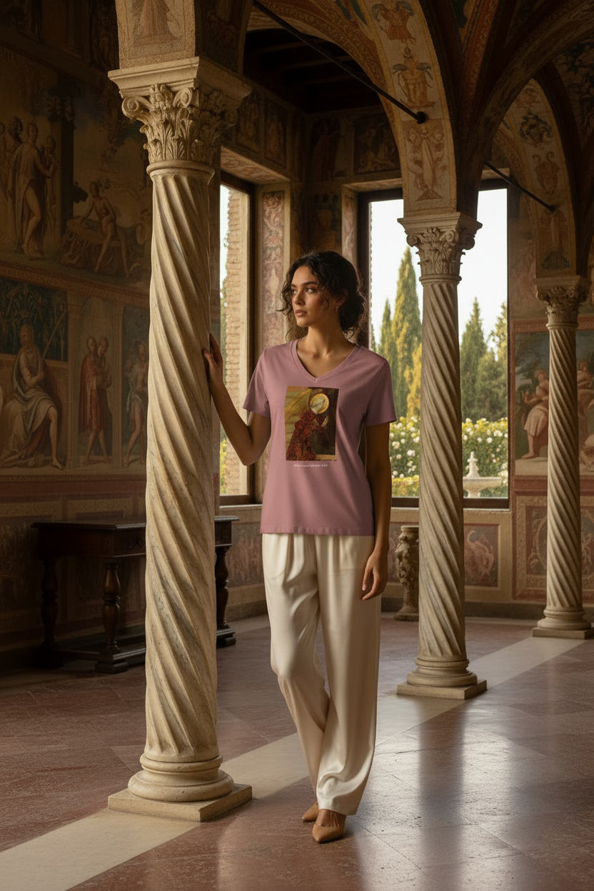 Model in heather mauve tee with slacks and tan heels