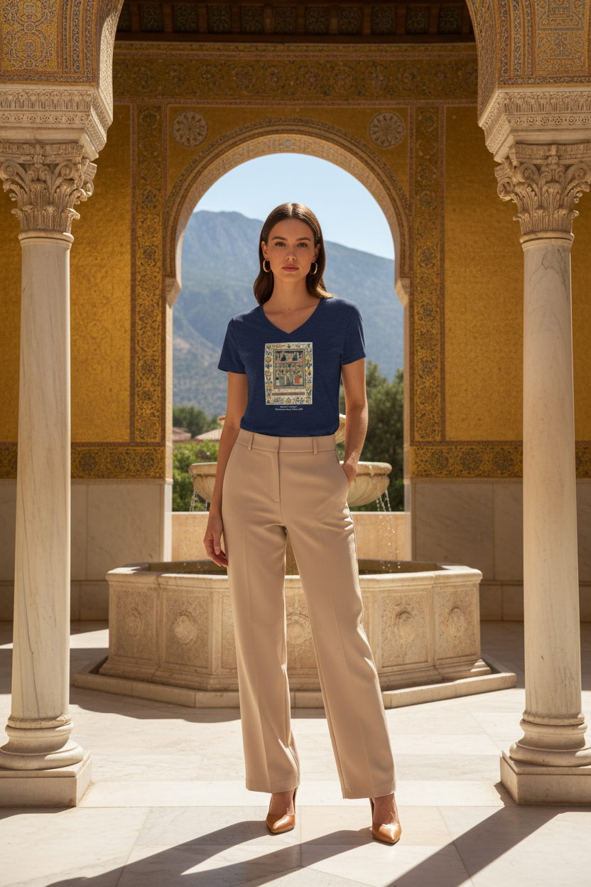 Model in heather navy tee with slacks and tan heels in Byzantine courtyard