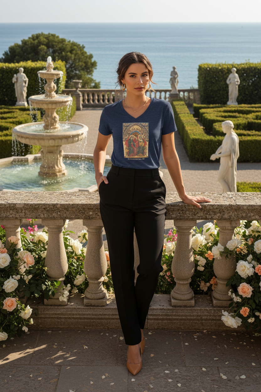 Model in heather navy tee with slacks and tan heels in oceanfront Renaissance garden