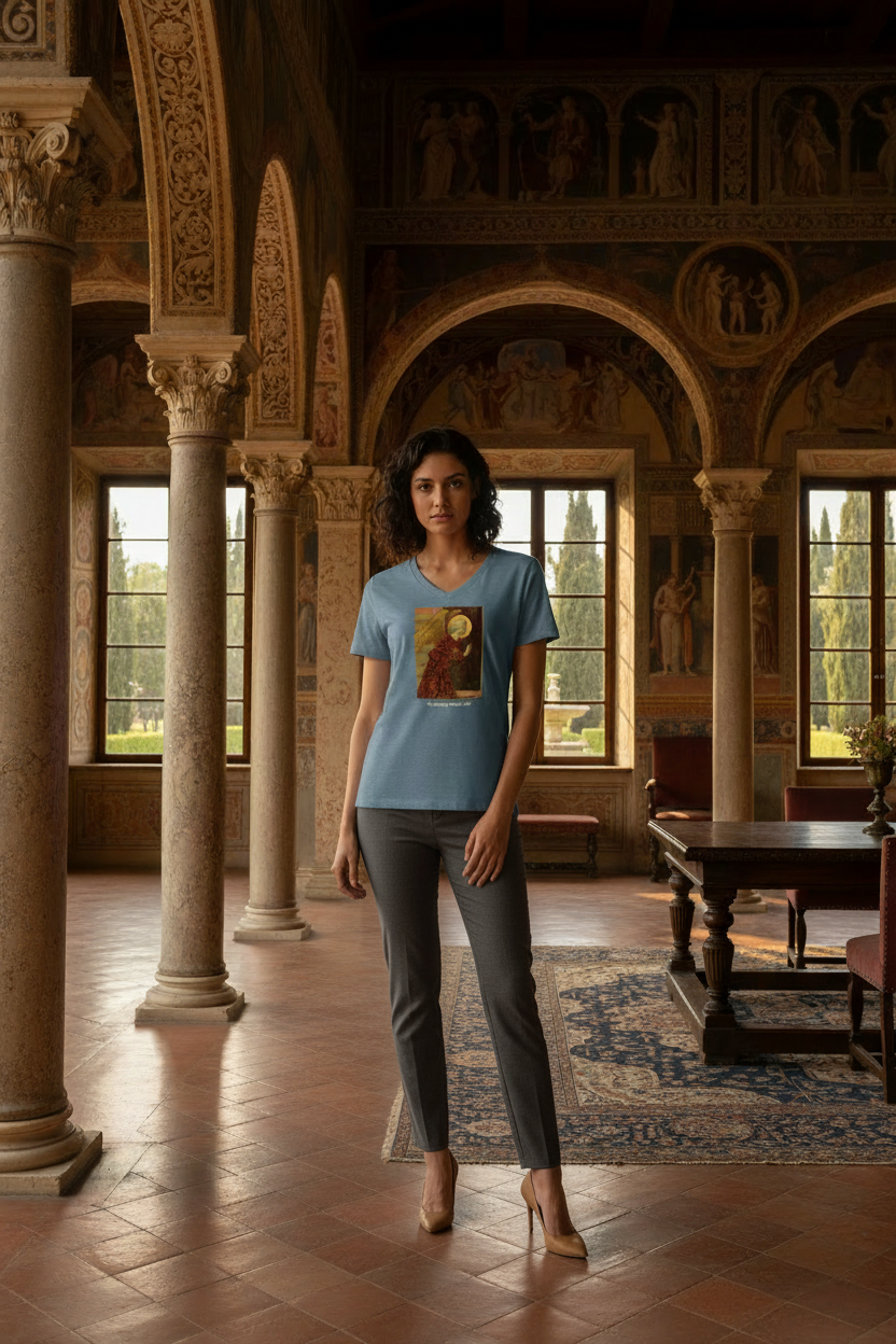 Model in heather slate tee with slacks and tan heels