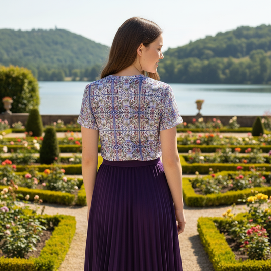 Model in Renaissance garden - back view