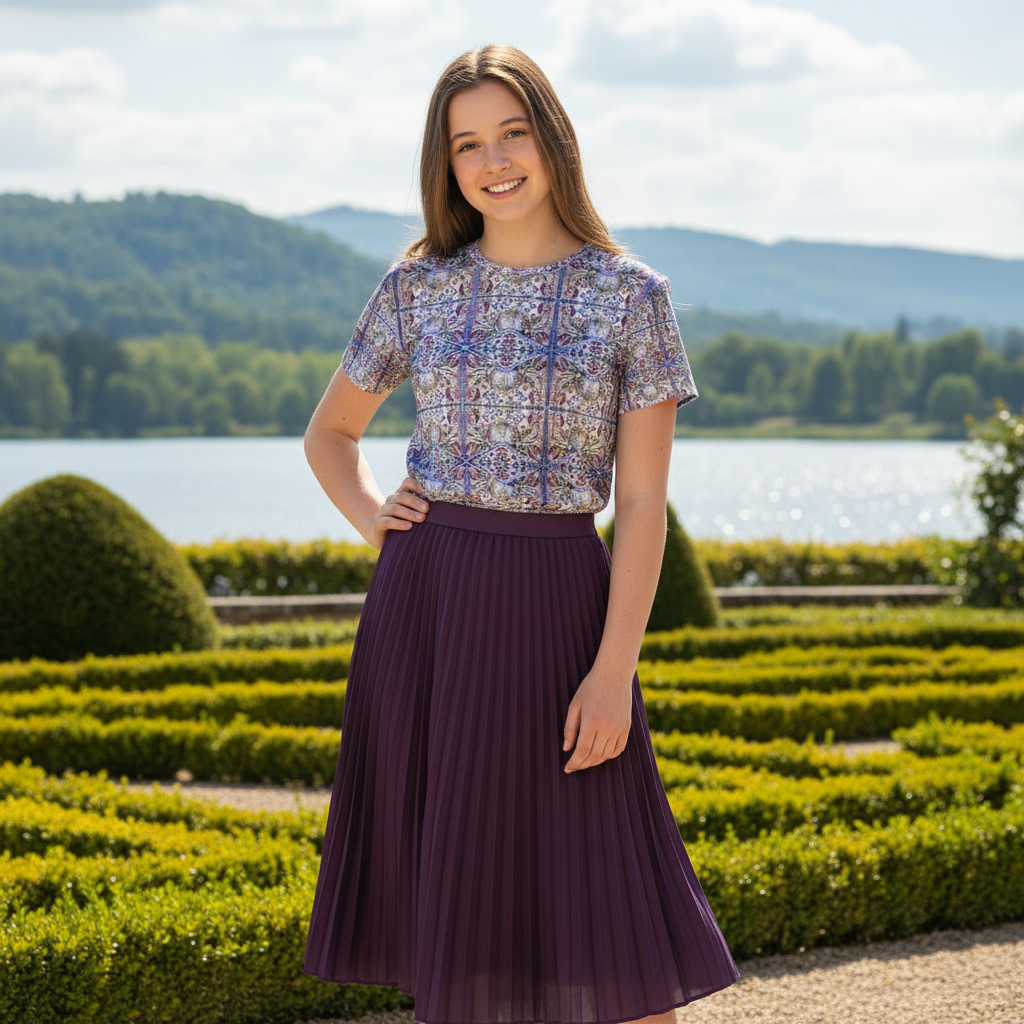 Model in Renaissance garden - front view