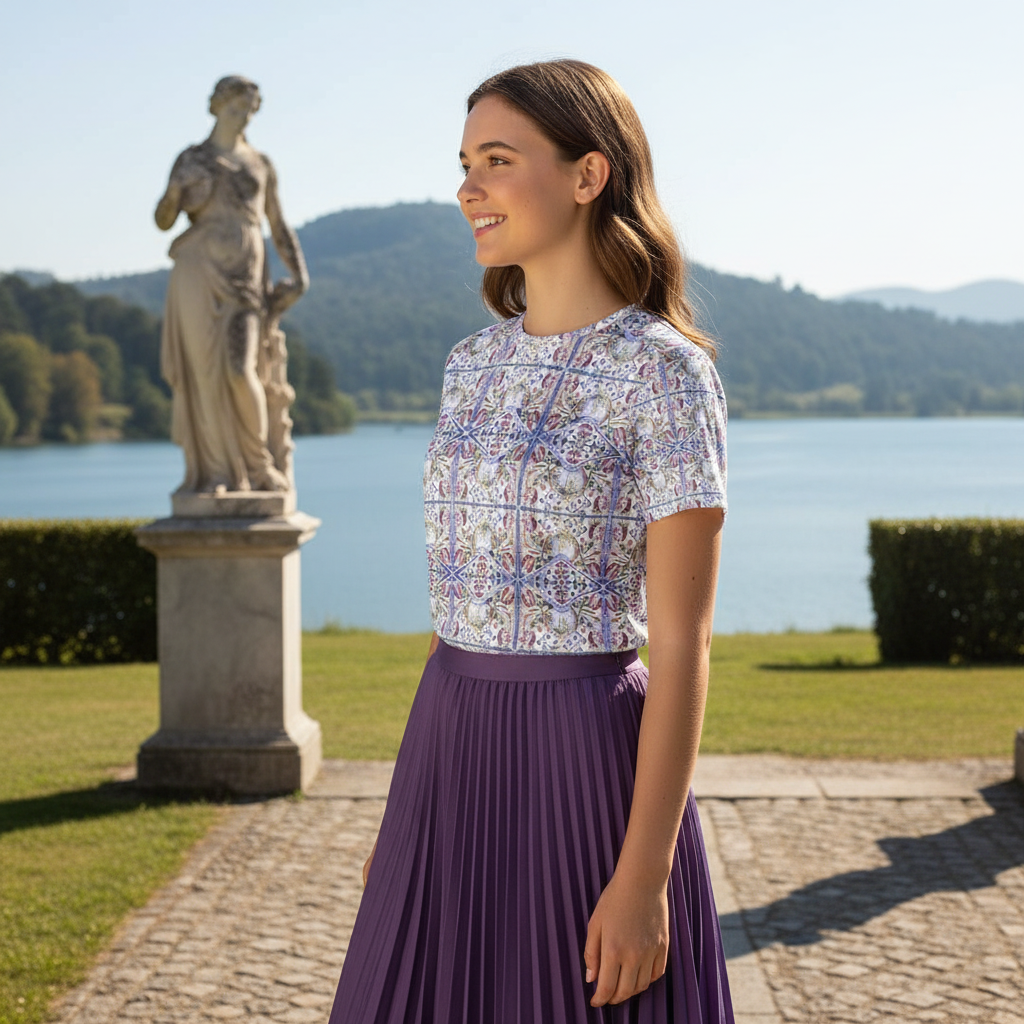 Model in Renaissance garden - side view