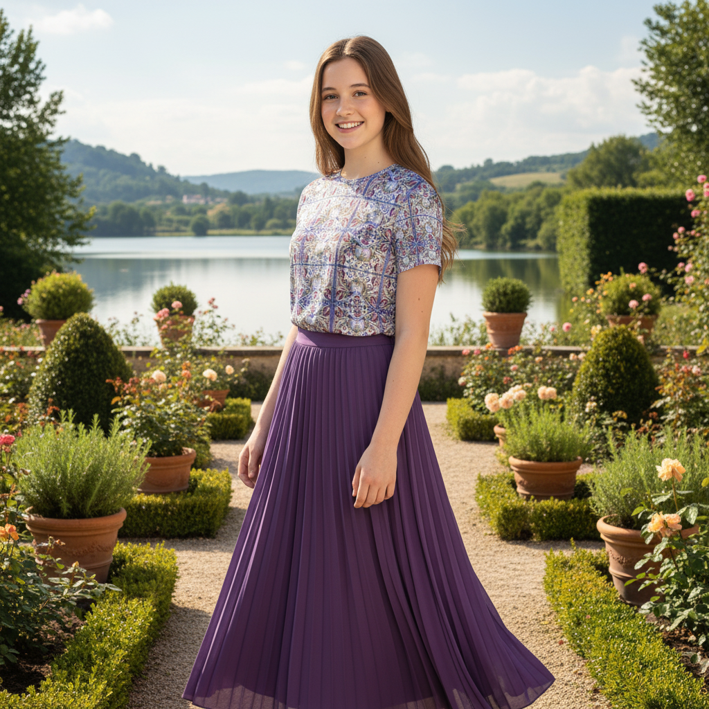 Model in Renaissance garden - three-quarter view