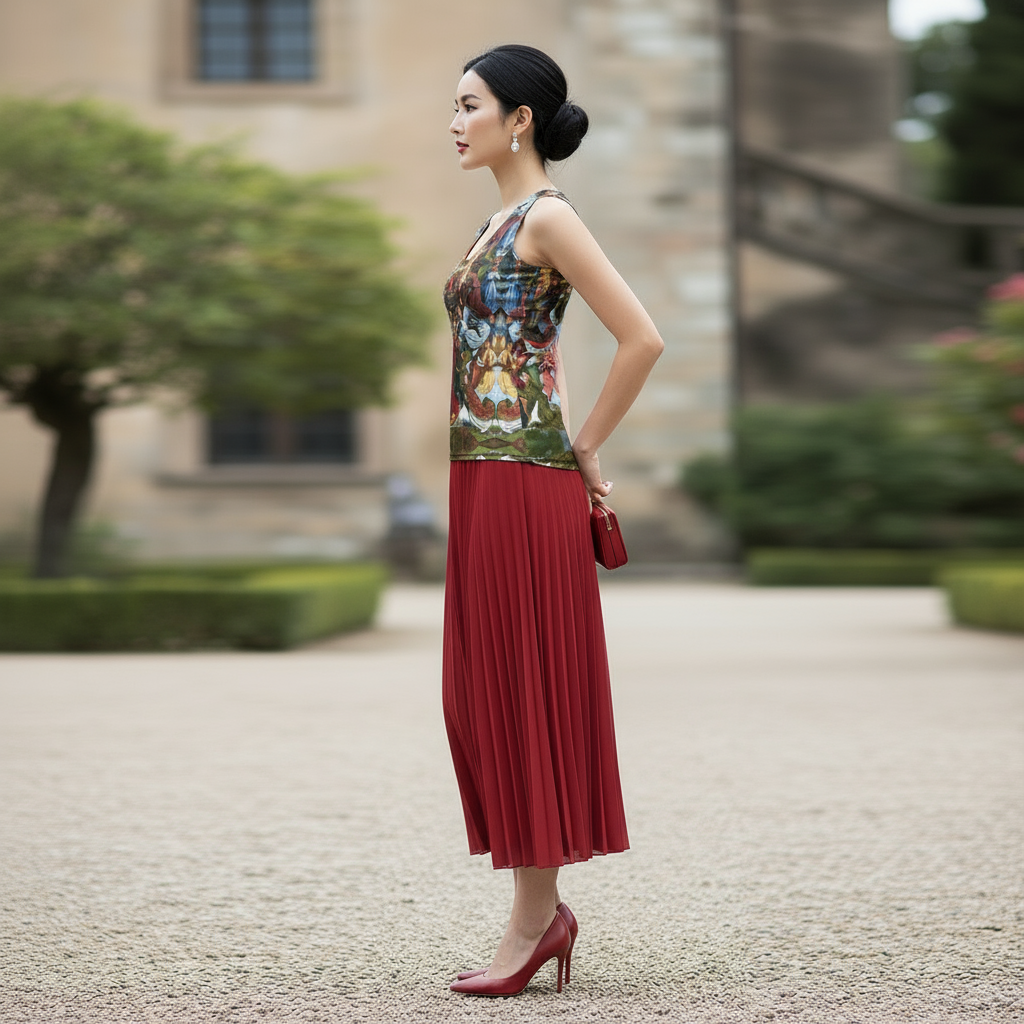 Model in side profile with arm back