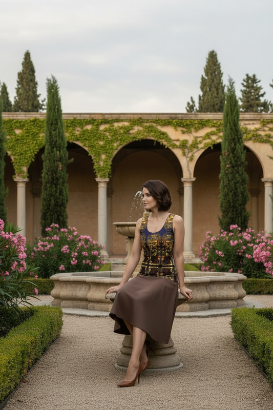 Model in tank top with brown pleated skirt, different pose