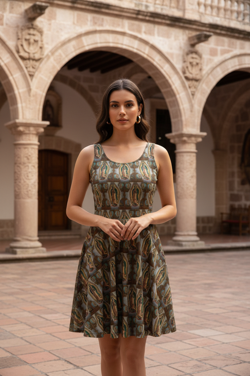 Model in Virgin of Guadalupe dress with hemline just above knee