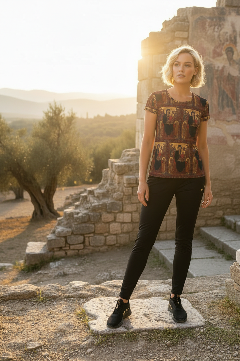 Model left side in Byzantine ruins with mosaics