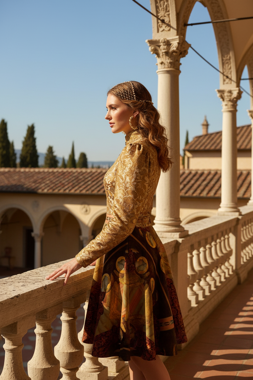 Model left side in gold top with Archangel Gabriel skirt