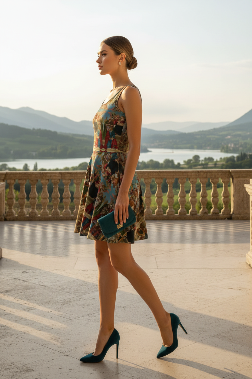 Model left side in Madonna and Child dress