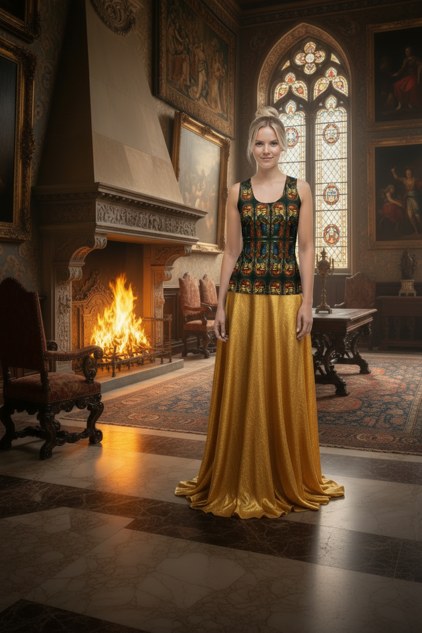 Model looking at us in tank top with gold skirt by fireplace