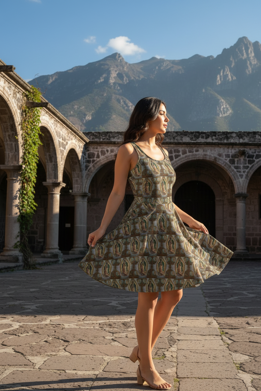 Model right side in Virgin of Guadalupe dress