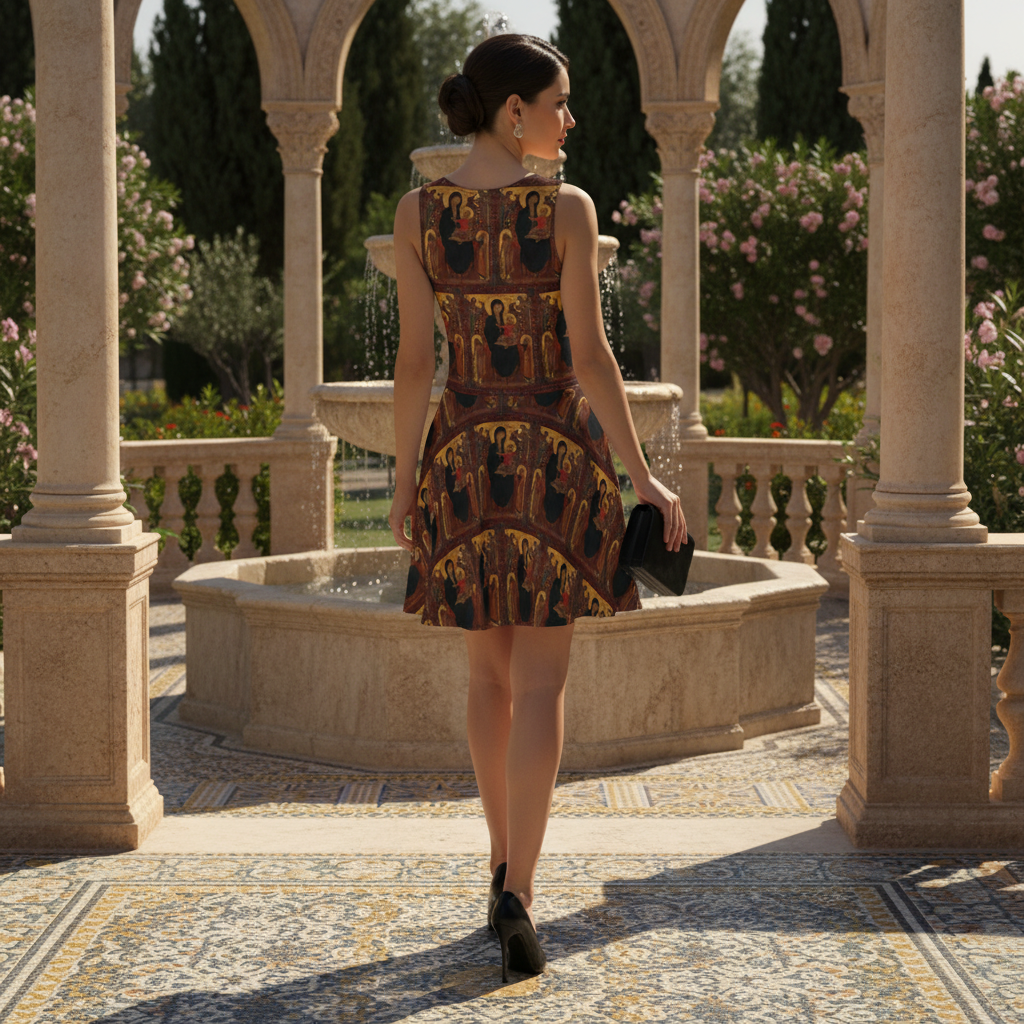 Model showing back of dress in Byzantine garden