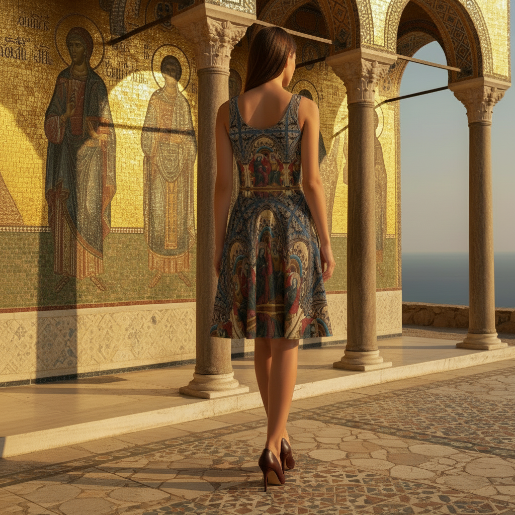 Model showing back of dress in Byzantine setting