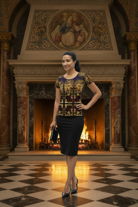 Model smiling with hand on hip in room with fireplace