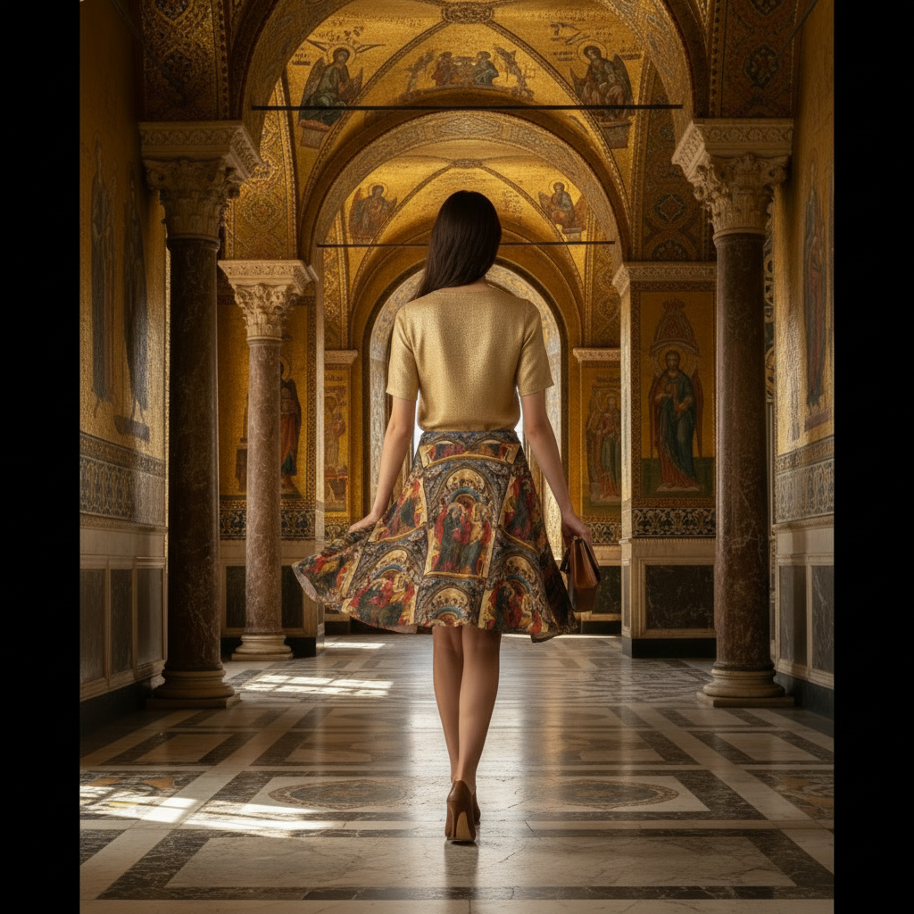 Model walking away in The Coronation of the Virgin skirt