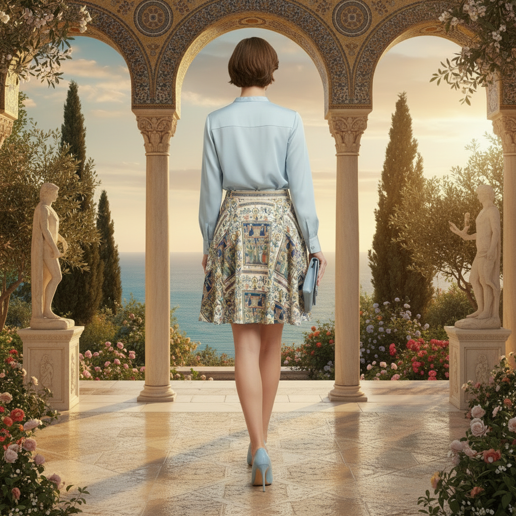 Model walking away showing back of skirt in Byzantine gardens
