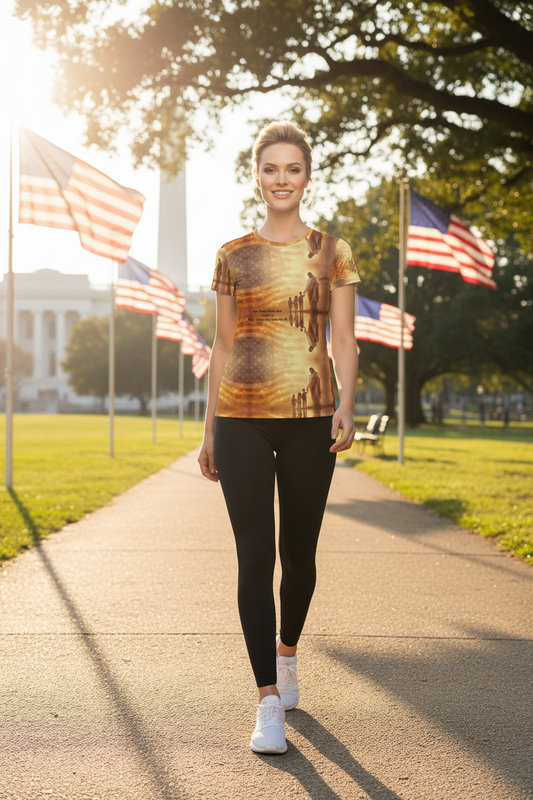 Model walking towards camera wearing God, Family, Country shirt