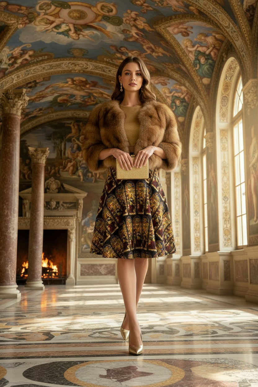 Model walking with fur wrap in ocean front palace