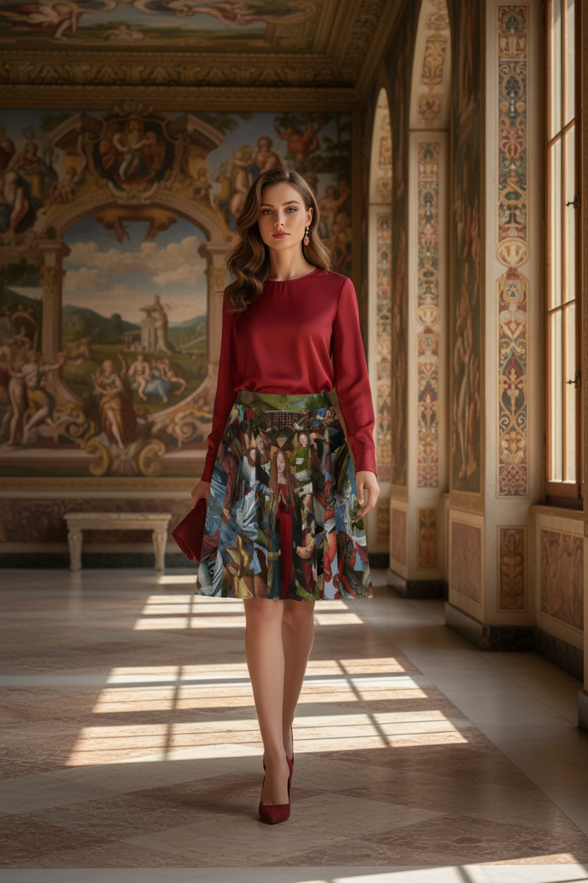 Model walking with hands and clutch to side in Renaissance gallery