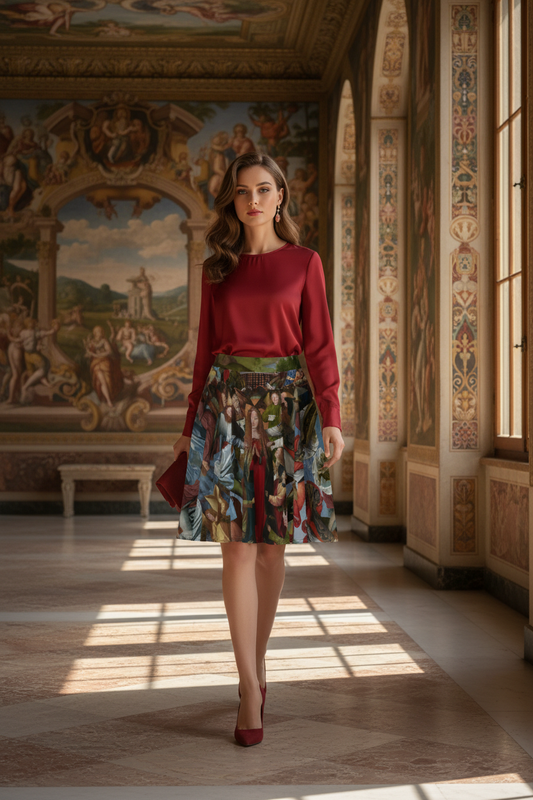 Model walking with hands and clutch to side in Renaissance gallery