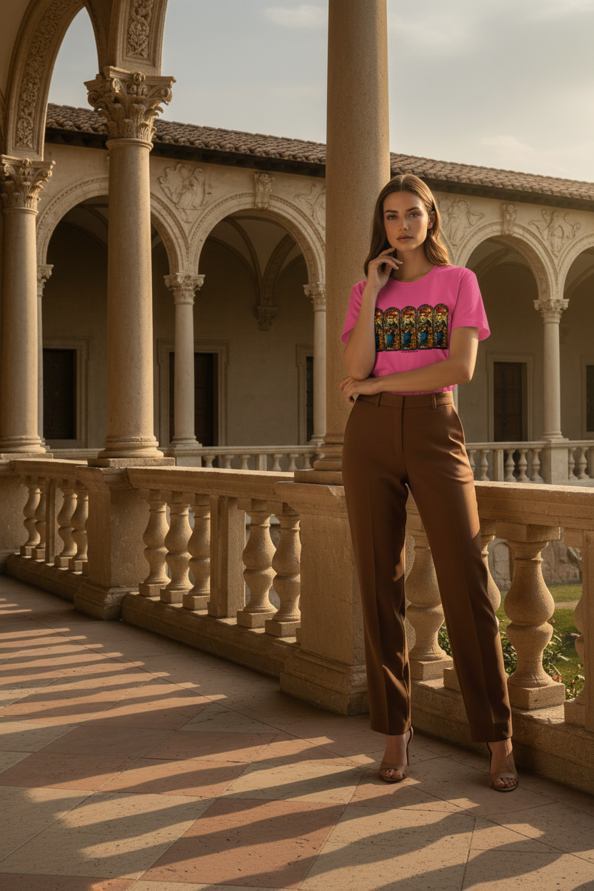 Model wearing Azalea Pink tee