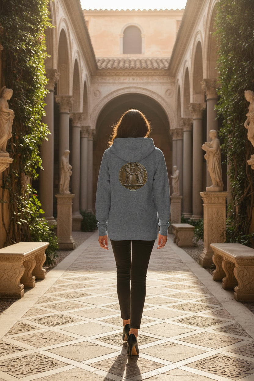 Model wearing Charcoal Heather hoodie - back
