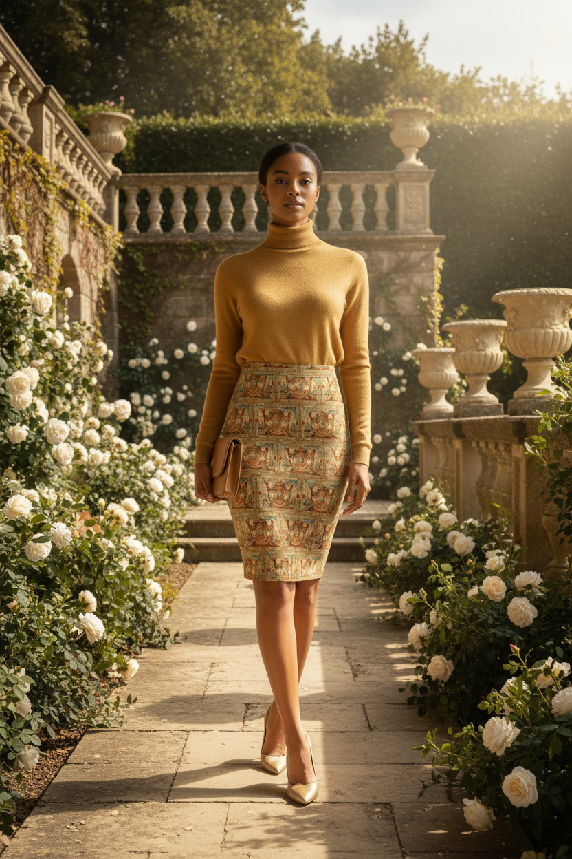 Model wearing Coat of Arms skirt with tan blouse and accessories