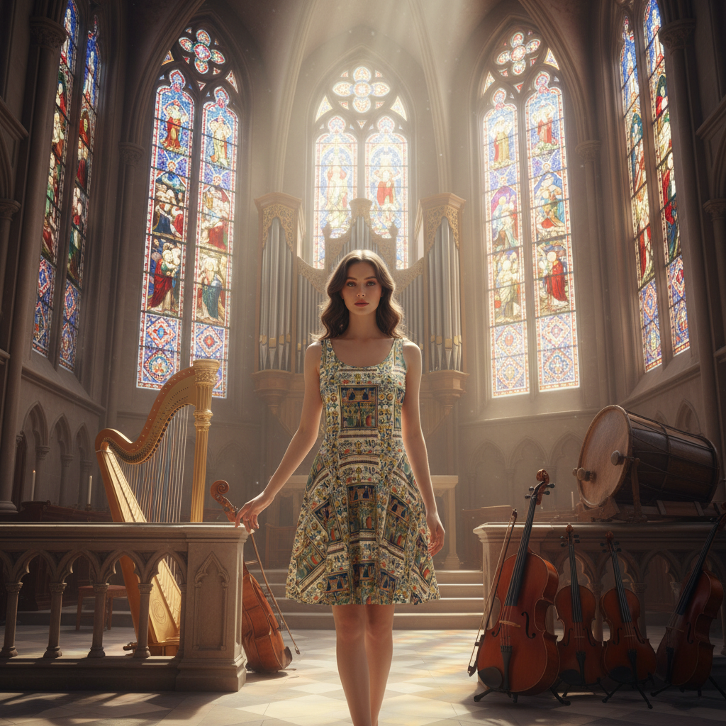 Model wearing dress in bright church