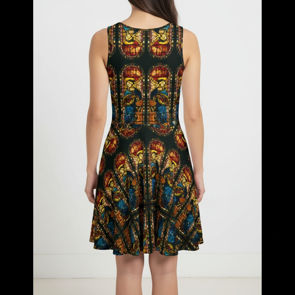 Model wearing dress with natural side drape - back view