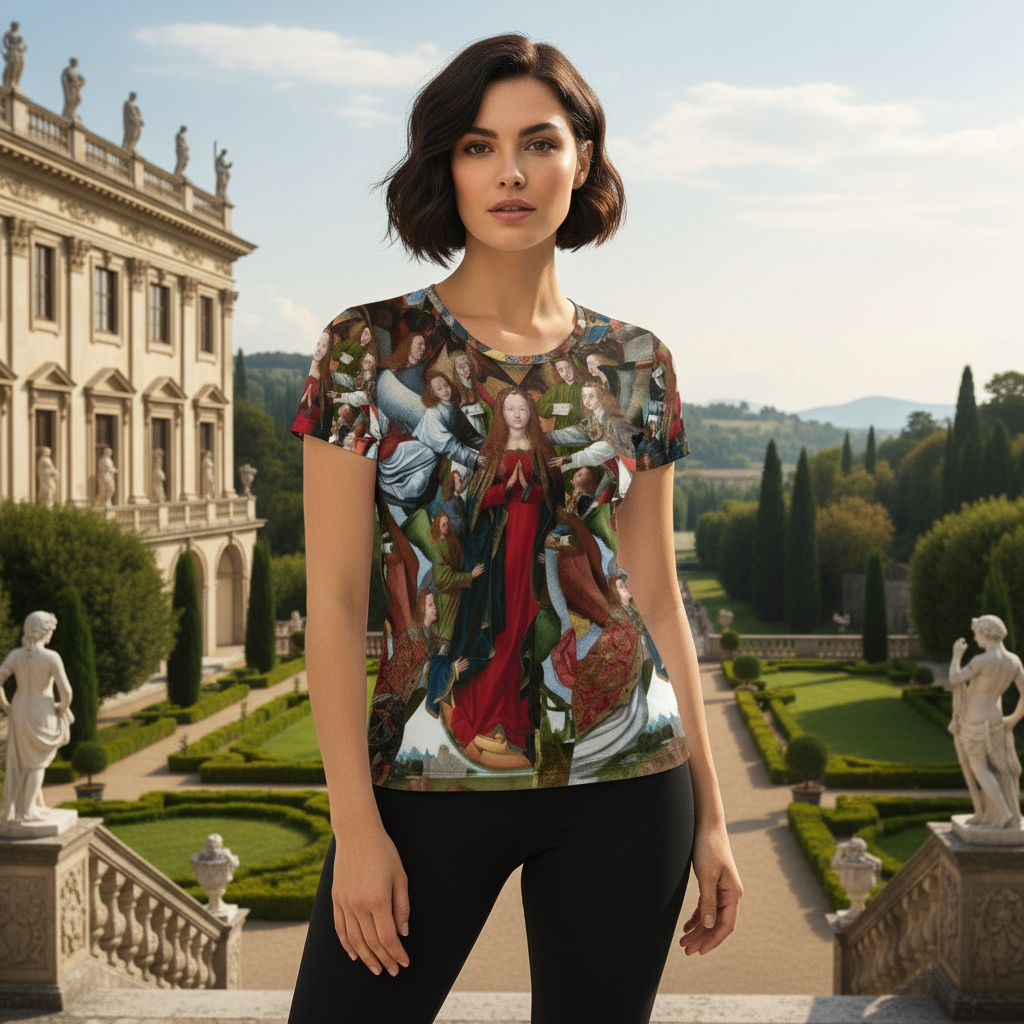 Model wearing exact product shirt in renaissance scene