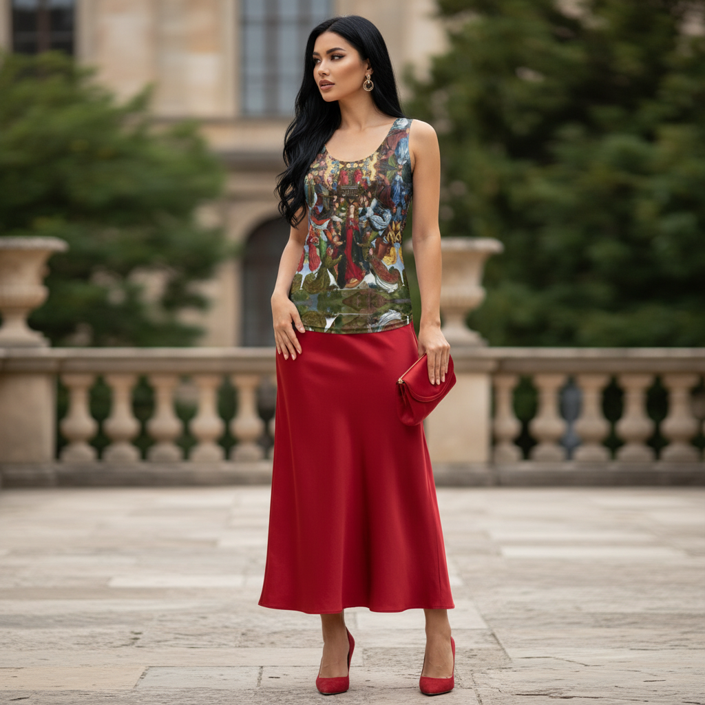 Model wearing exact tank top with red skirt