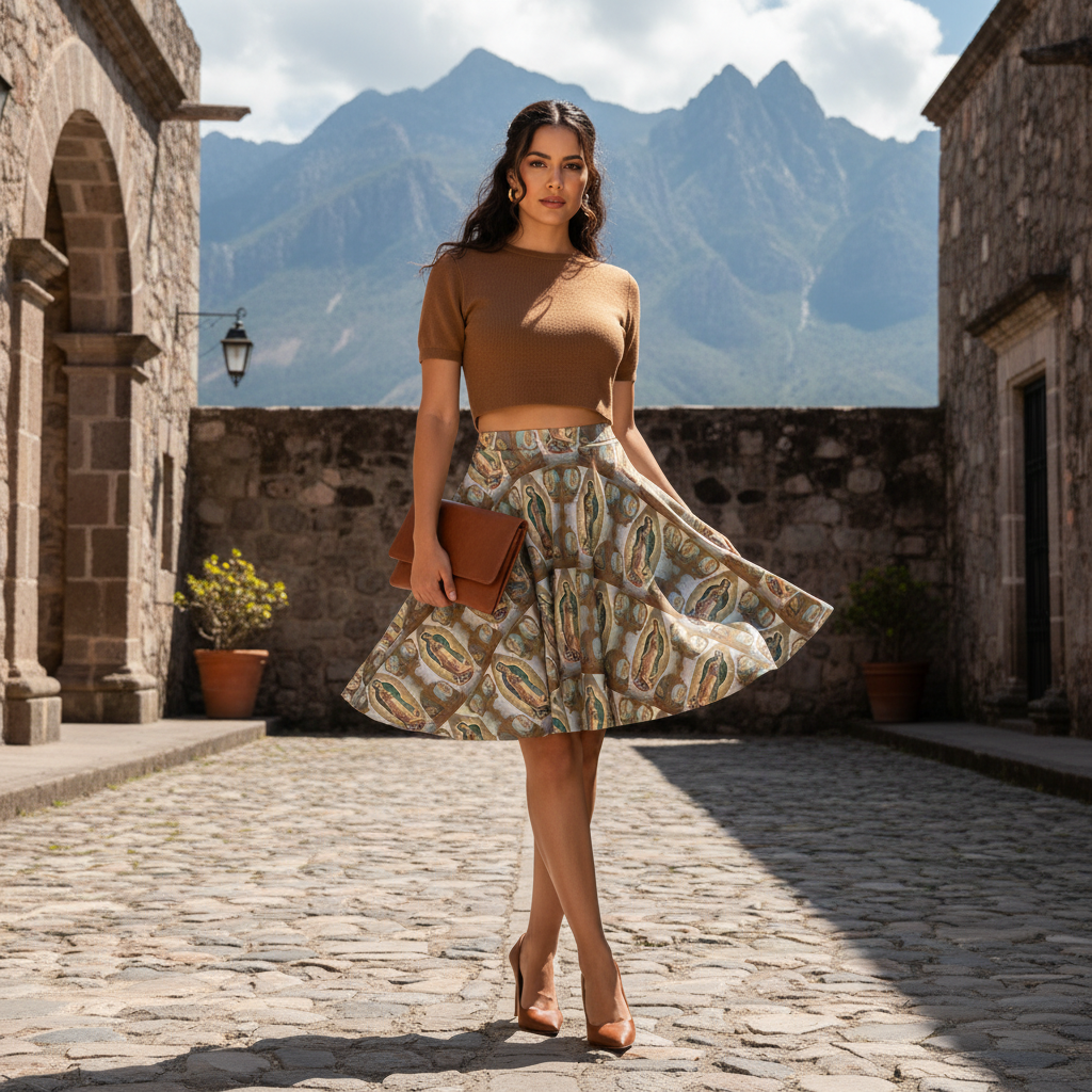 Model wearing exact Virgin of Guadalupe skirt in Mexican mountain courtyard