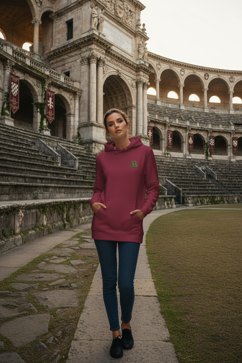 Model wearing Maroon hoodie - front