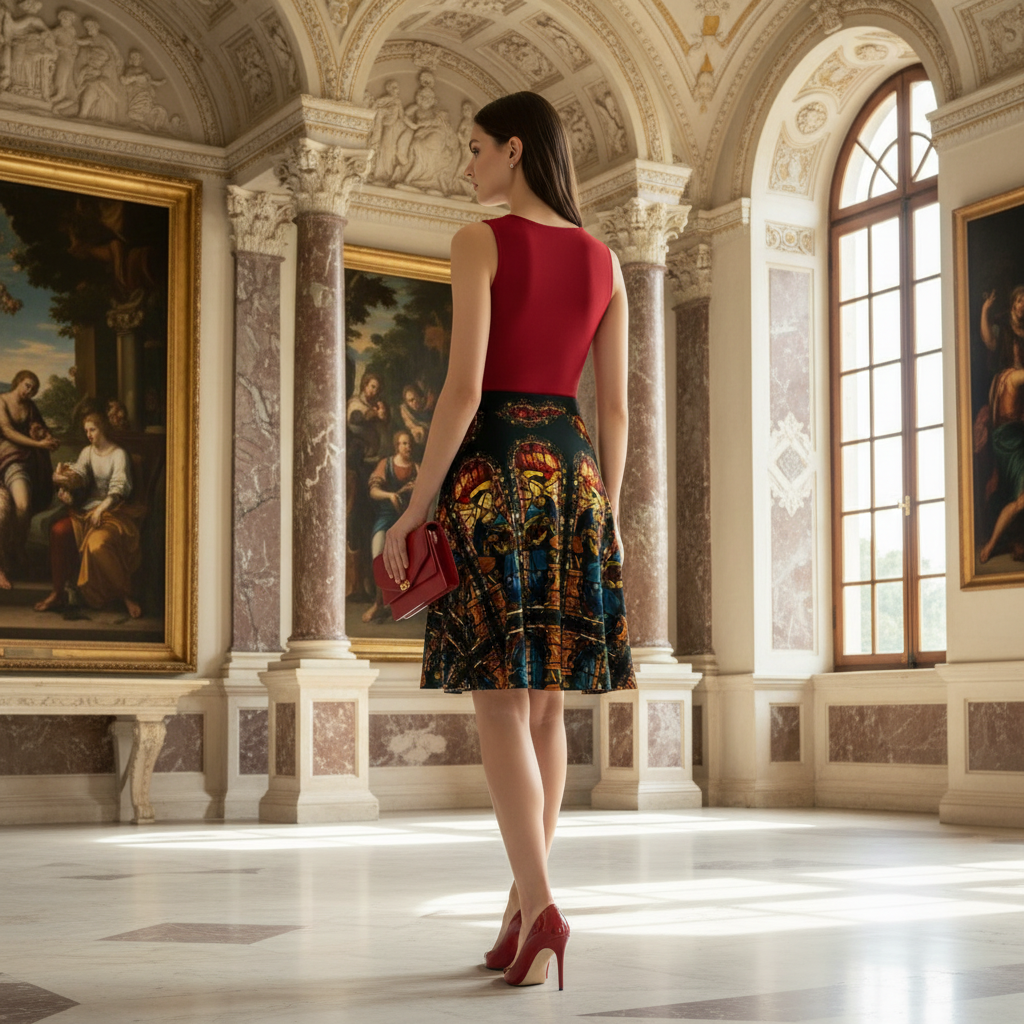 Model wearing skirt back view in Renaissance room