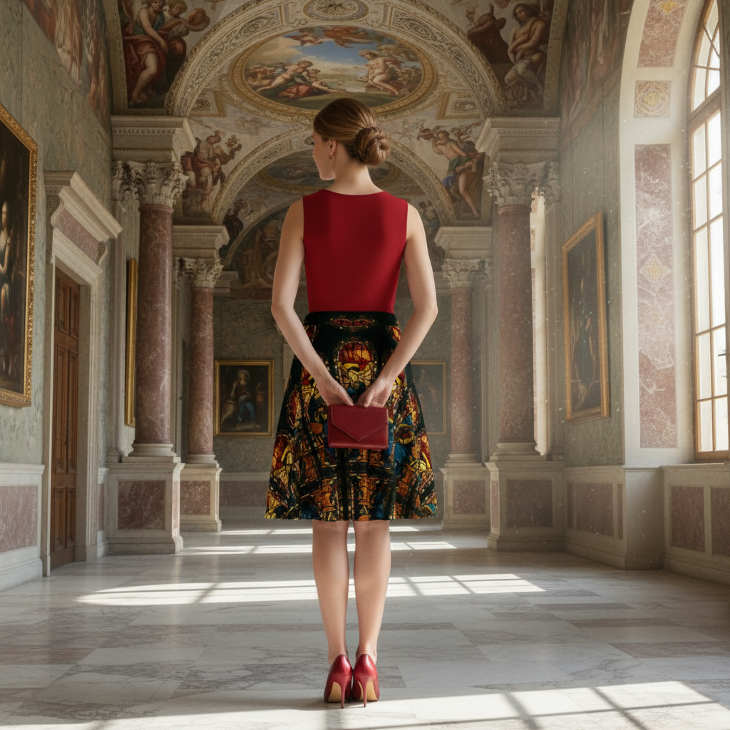 Model wearing skirt back view in Renaissance room