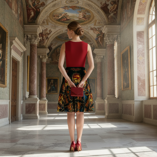 Model wearing skirt back view in Renaissance room