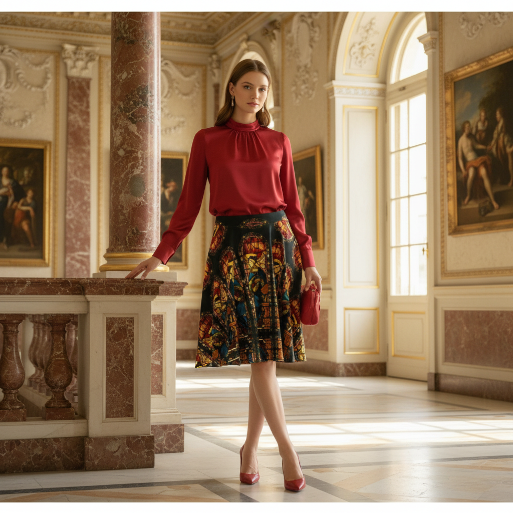 Model wearing skirt front view in Renaissance room