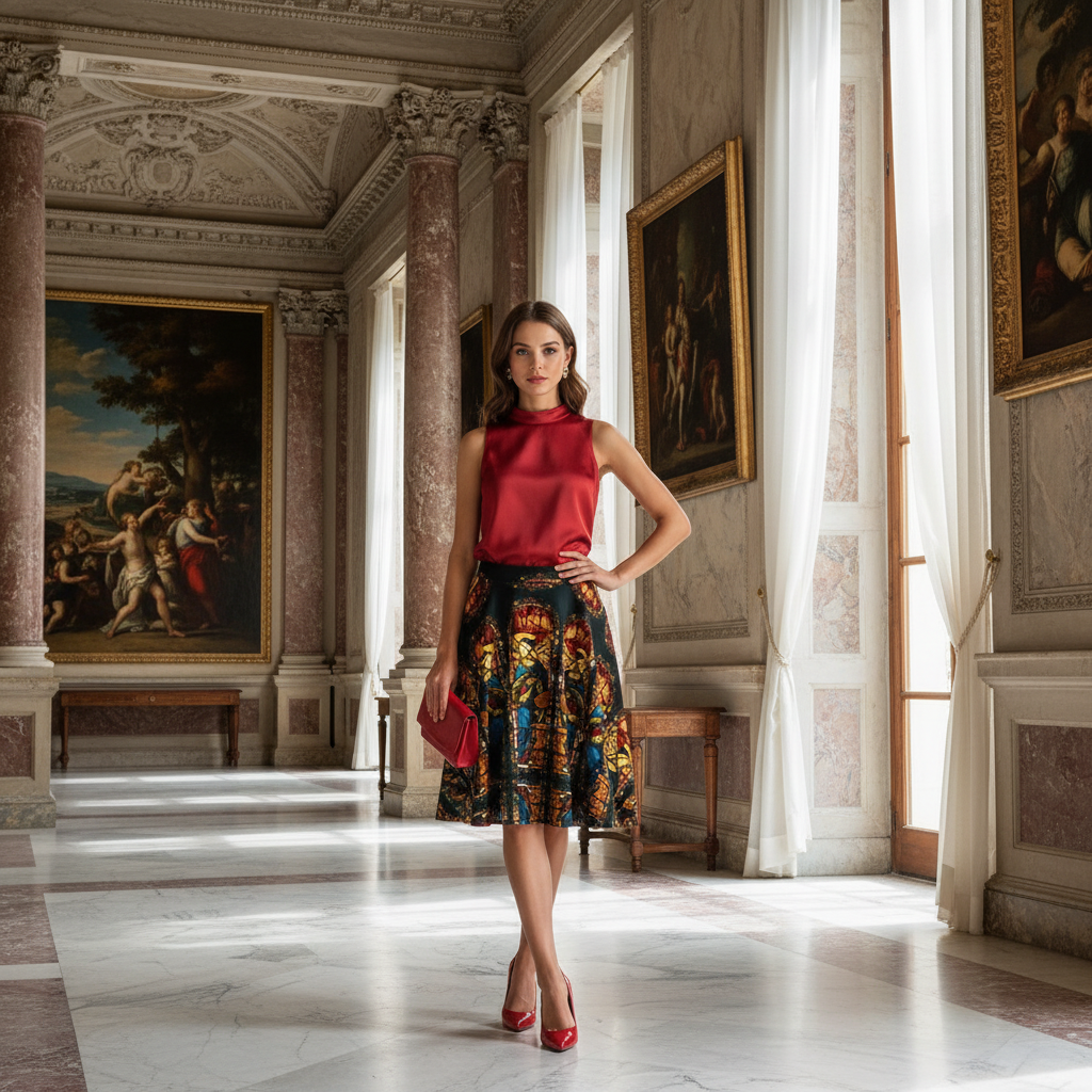 Model wearing skirt front view in Renaissance room