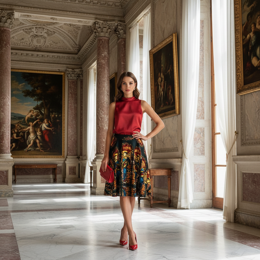 Model wearing skirt front view in Renaissance room