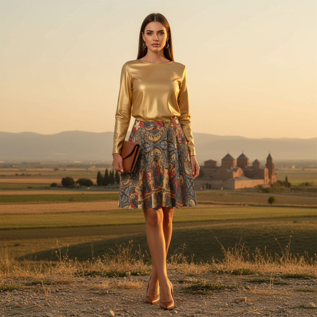 Model wearing The Coronation of the Virgin skirt in Byzantine landscape