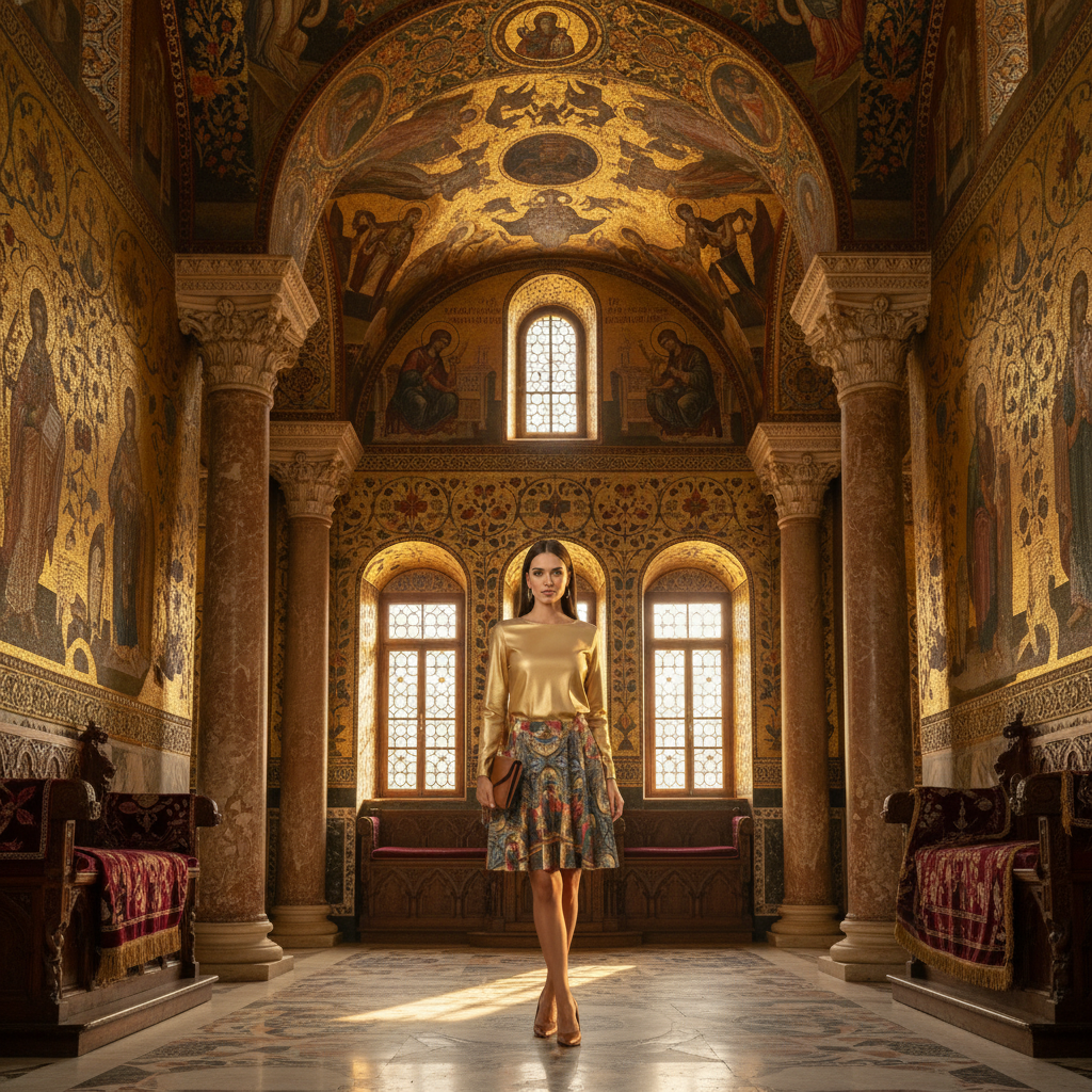 Model wearing The Coronation of the Virgin skirt in Byzantine palace