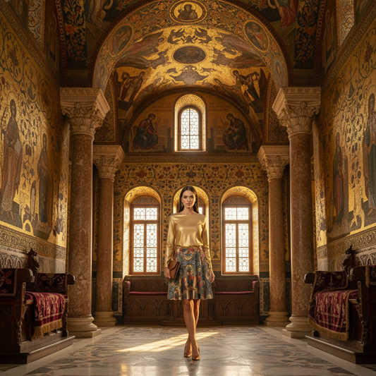 Model wearing The Coronation of the Virgin skirt in Byzantine palace