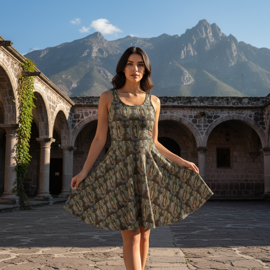 Model wearing Virgin of Guadalupe dress in Mexican church courtyard