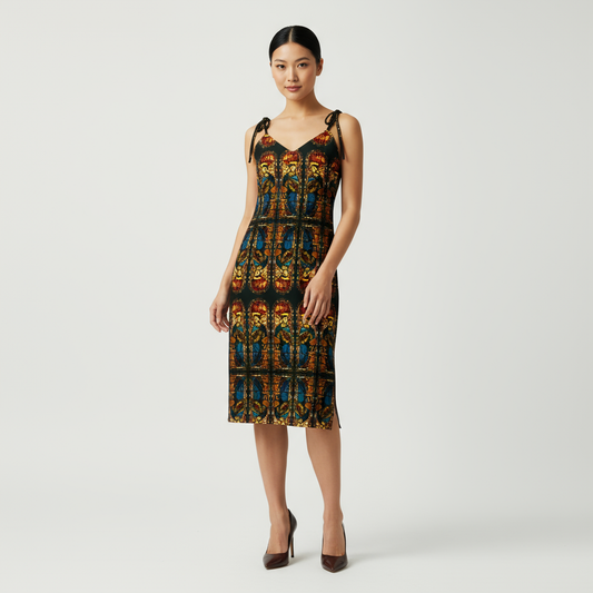 Model with elegant bun wearing The Virgin Annunciate dress with dark brown heels