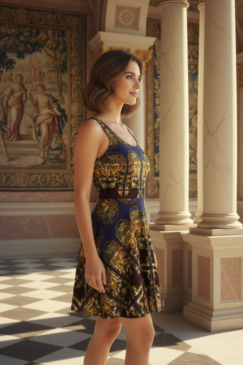 Model with golden brown hair right side in Angel dress