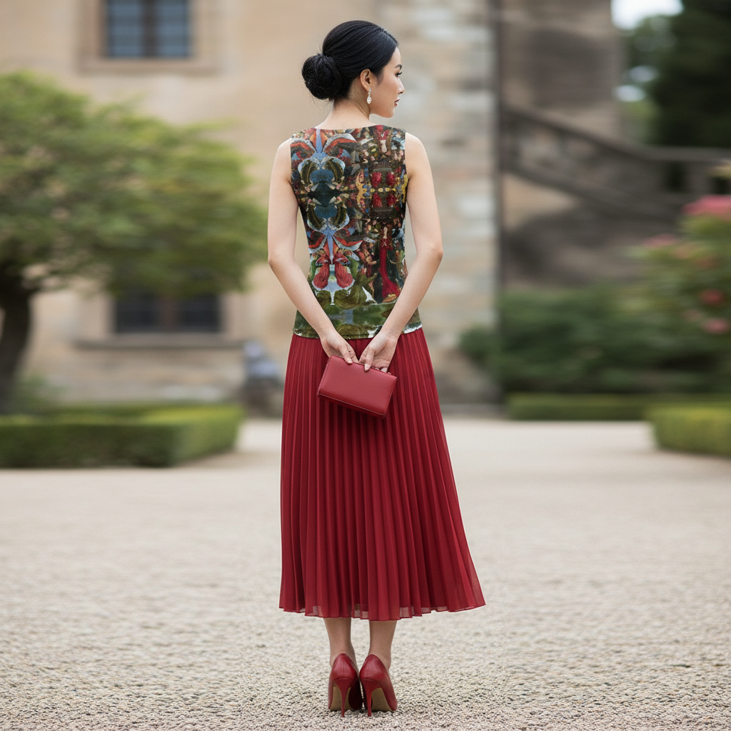 Model with hair in updo showing clear back view of tank top