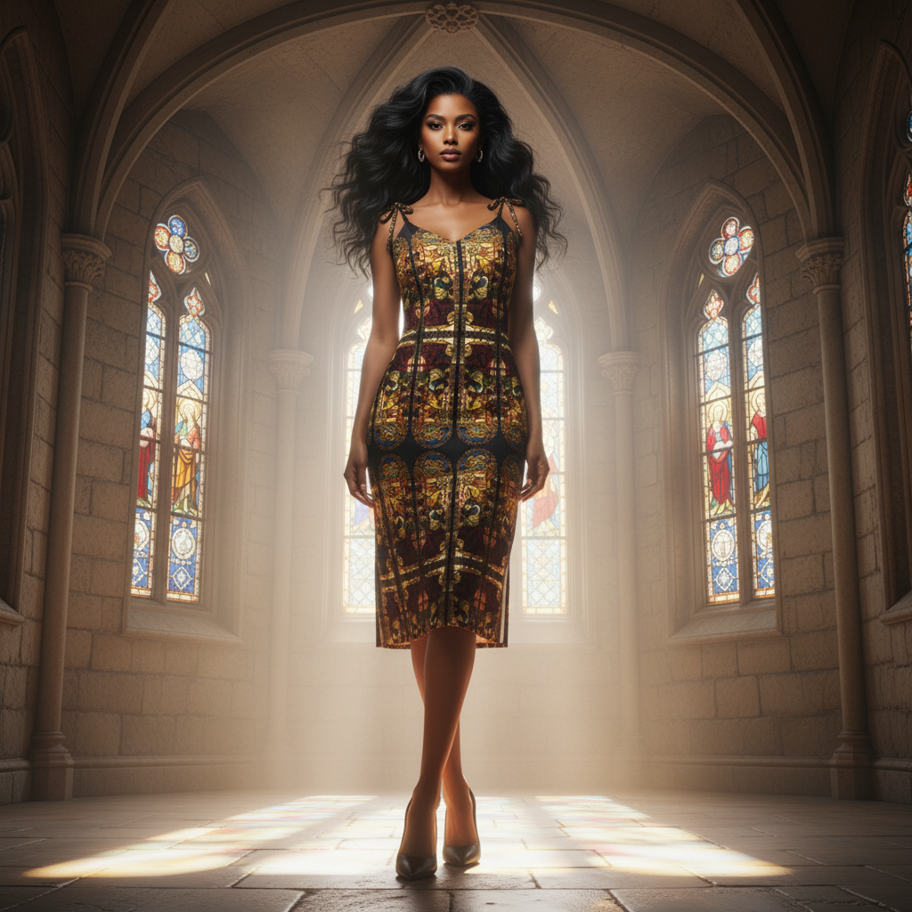 Model with long black wavy hair wearing dress in bright medieval castle