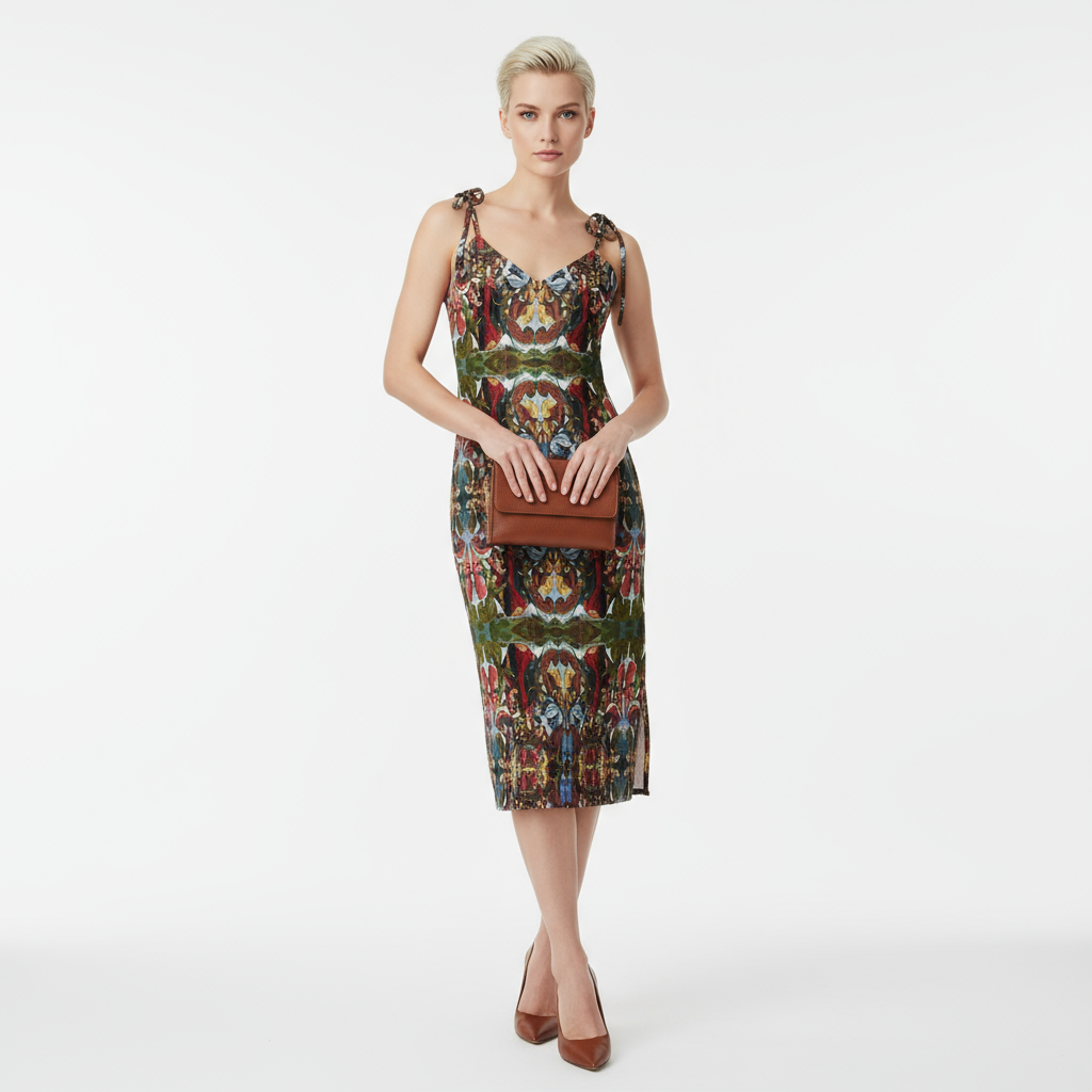 Model with short styled blonde hair wearing Mary, Queen of Heaven dress